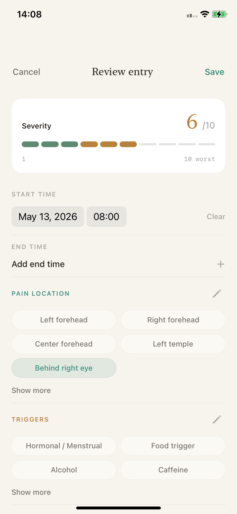 SereneHead review entry screen showing a migraine attack log with severity, start time, pain location choices, and trigger choices before saving.